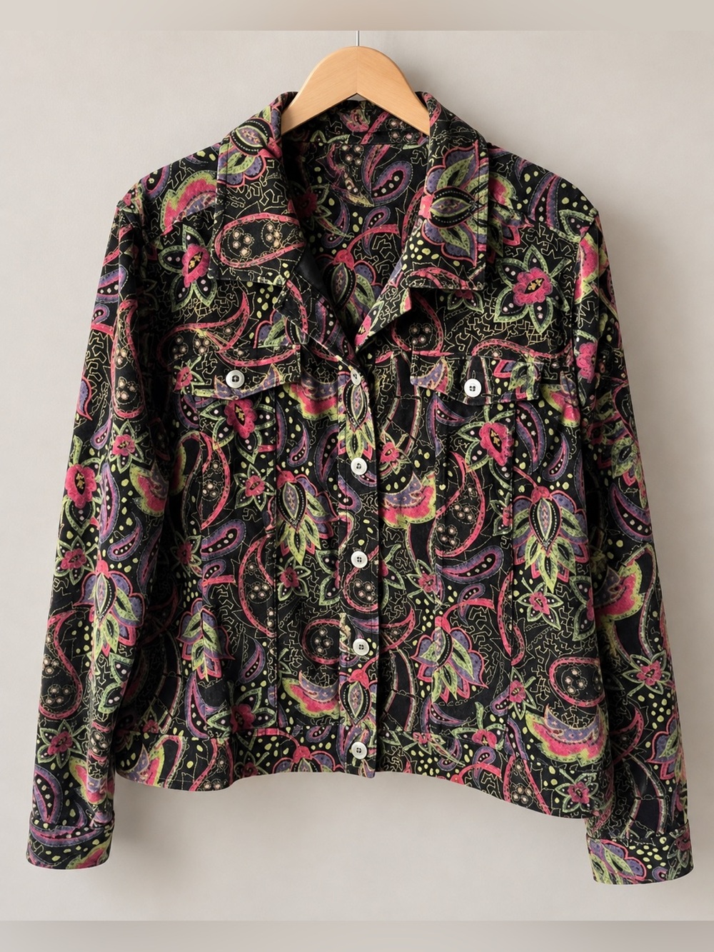 Black Pink Paisley Print Denim Style Jacket | Christopher & Banks EUC XL #1417